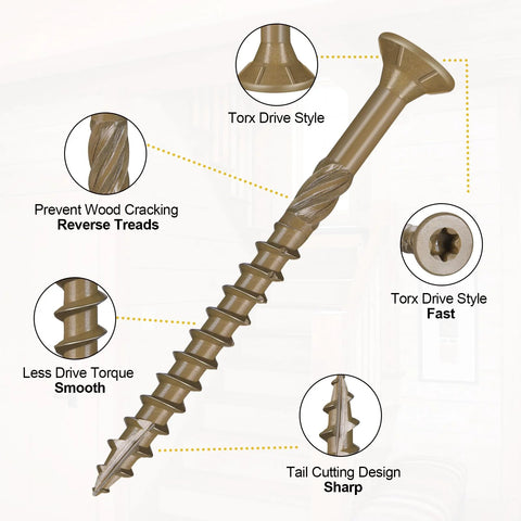 Deck Screws 14 By 6 Inch Heavy Duty Exterior Wood Screws Torx Drive Head Bronze Rust Resistant Epoxy Coated, design details shown