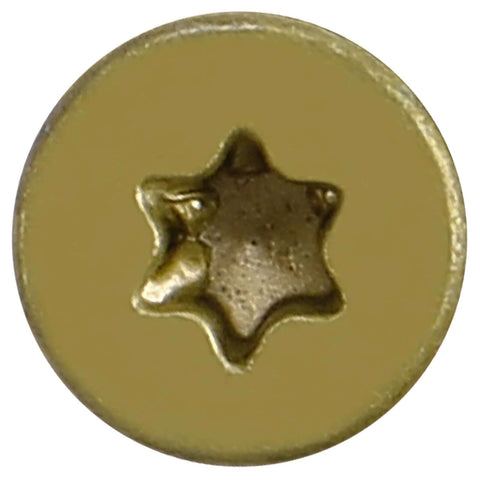 Close-up of a Torx star drive head of a Self Drilling Tek Screw 14 X 3 1 4 Inch for wood to metal fastening, bronze coated.