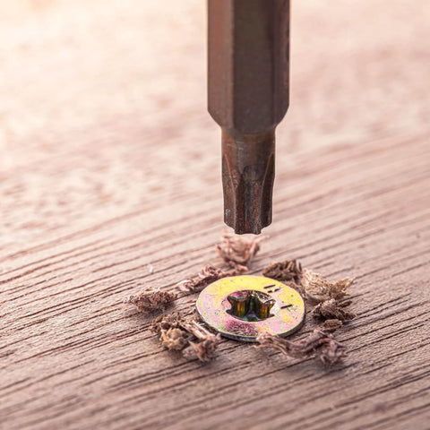 Installation of M2-0.4 x 4mm Flat Torx Head Machine Screw with screwdriver in wooden surface, showing flush finish and grip