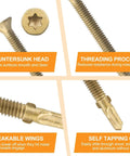 Detailed features of Reamer Tek Screws Twelve By Two And One Half Self Drilling Wood To Metal Torx Head T25 For Flatbeds Trailers Docks And Decking Fifty Pieces Heavy Duty Construction Grade Fasteners Ideal For Truck Beds And Steel Framing, showing countersunk head, threading process, breakable wings, and self-tapping cut.