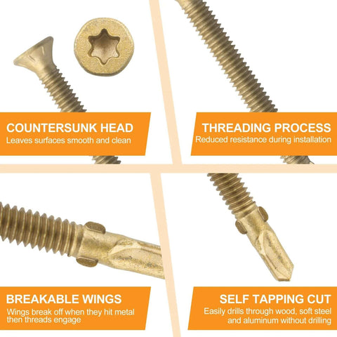 Detailed features of Reamer Tek Screws Twelve By Two And One Half Self Drilling Wood To Metal Torx Head T25 For Flatbeds Trailers Docks And Decking Fifty Pieces Heavy Duty Construction Grade Fasteners Ideal For Truck Beds And Steel Framing, showing countersunk head, threading process, breakable wings, and self-tapping cut.