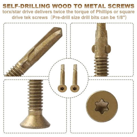 Close-up of size 14 by two and three quarters inch reamer Tek Torx self-drilling screws for metal to wood with T30 drive, 100 pack.