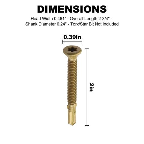 Beefy Self Drilling Wood To Metal Screws With Torx Star Drive T30 side view showing dimensions 12 24 by 2 inch 100 pack