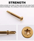 Beefy Self Drilling Wood To Metal Screws With Torx Star Drive T30 For Trailer Decks Truck Beds Flatbeds And Wood To Steel Fastening 12 24 By 2 Inch 100 Pack, bronze WAR coating, close-up on Torx head and threaded shank.