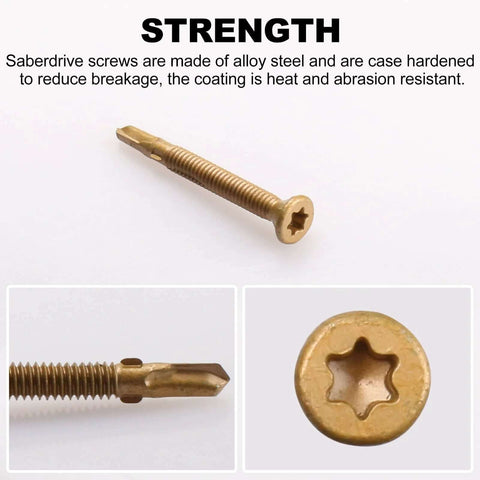 Beefy Self Drilling Wood To Metal Screws With Torx Star Drive T30 For Trailer Decks Truck Beds Flatbeds And Wood To Steel Fastening 12 24 By 2 Inch 100 Pack, bronze WAR coating, close-up on Torx head and threaded shank.