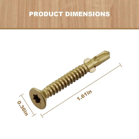 Wood To Metal Self Tapping Screws Size 10 One And Five Eighths Inch Pack Of 130 Reamer Tek Torx Star Head Self Drilling Hex Screws For Fast No Pre Drill Wood To Steel Or Aluminum Projects Heavy Duty shown with dimensions 1.61in length and 0.36in head diameter