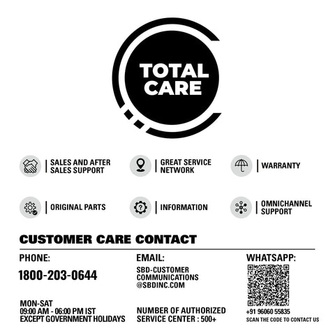 Customer care contact information for Total Care with icons for services and QR code for contact.