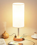 Bedside Table Lamp With 3 Way Dimmable Touch Control, USB C Charging Ports And AC Outlet, Wood Base, Round Flaxen Fabric Shade, LED Bulb