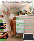 Woman using Pack Of Two Hands Free Cabinet Foot Pulls For Touchless Trash Drawers And Full Overlay Cabinets with barefoot toe kick activation