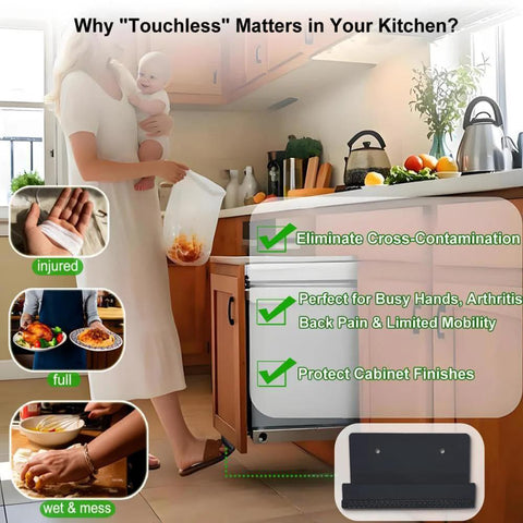 Woman using Pack Of Two Hands Free Cabinet Foot Pulls For Touchless Trash Drawers And Full Overlay Cabinets with barefoot toe kick activation