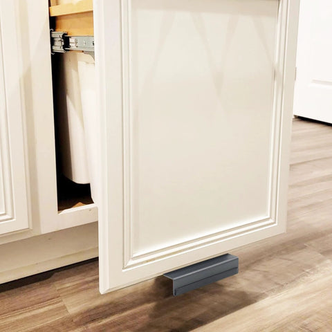 Cabinet Foot Pull For Trash Drawer Hands Free Touchless Design With Foot Pedal Operation installed on a full coverage cabinet front