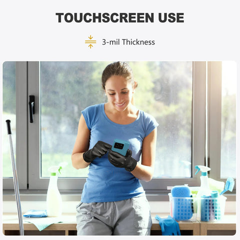 Woman using Black Vinyl Disposable Gloves Latex Free Powder Free Food Grade 100 Large for touchscreen, 3-mil thickness.