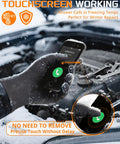 Heavy Duty Nitrile Gloves 9 Mil Diamond Texture Black being used on touchscreen in cold weather, automotive repair setting