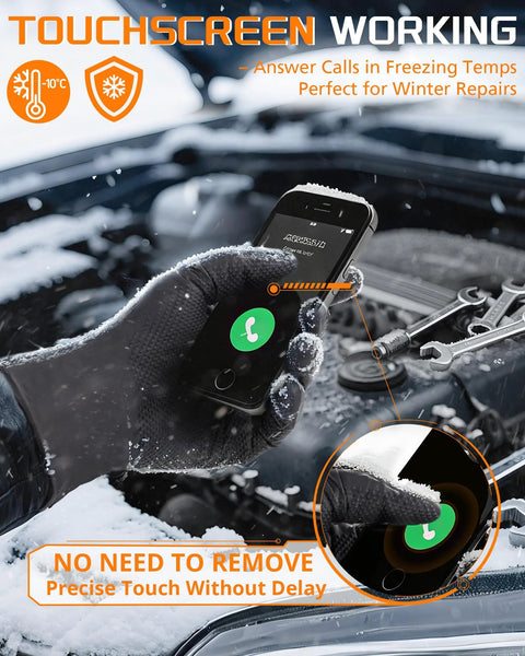 Heavy Duty Nitrile Gloves 9 Mil Diamond Texture Black being used on touchscreen in cold weather, automotive repair setting