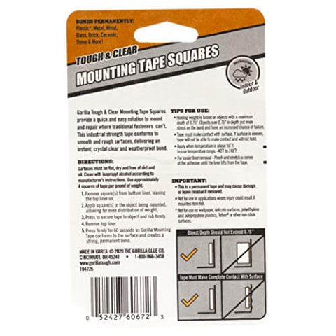 Package back view of Tough And Clear Double Sided Tape Squares For Mounting, 24 Pre-Cut 1-Inch Squares, Heavy Duty Weatherproof Adhesive.