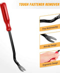 Close-up of a red-handled tough fastener remover with ergonomic anti-slip design for Five Piece Nylon Impact Resistant Auto Trim Removal Tool Kit For Car Panels And Audio Dashboard Dismantling No Scratch Durable Non Toxic Construction For Safe Car Audio System Installation And Repairs.