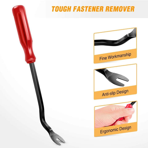 Close-up of a red-handled tough fastener remover with ergonomic anti-slip design for Five Piece Nylon Impact Resistant Auto Trim Removal Tool Kit For Car Panels And Audio Dashboard Dismantling No Scratch Durable Non Toxic Construction For Safe Car Audio System Installation And Repairs.