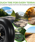 13 Inch Flat Free PU Tire 2 Pack solid polyurethane replacement wheels with steel hubs on various outdoor terrains.