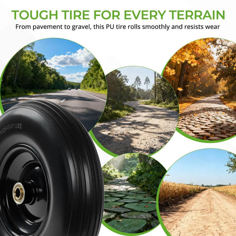13 Inch Flat Free PU Tire 2 Pack solid polyurethane replacement wheels with steel hubs on various outdoor terrains.