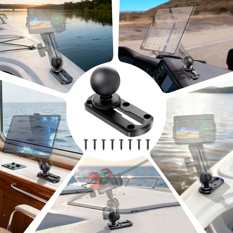 Composite image of 4 Inch Tough Track Kayak Mount Base With 1.5 Inch Ball T Bolt Track Rail Compatible With RAM Mounts and accessories.