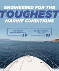 Boat on open water with text 'Engineered for the toughest marine conditions' showcasing 5200 Fast Cure Black Marine Sealant 3 Oz For Boats And RVs.
