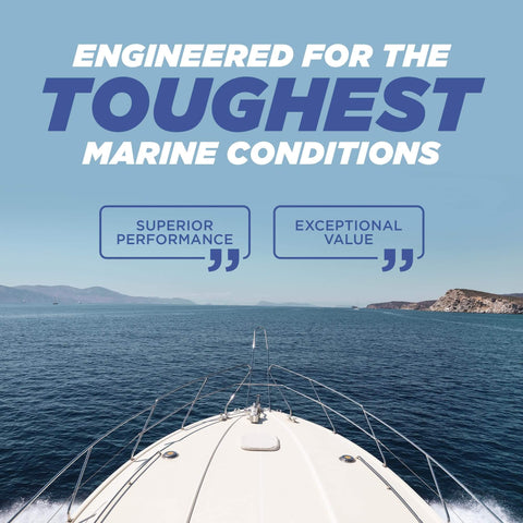Boat on open water with text 'Engineered for the toughest marine conditions' showcasing 5200 Fast Cure Black Marine Sealant 3 Oz For Boats And RVs.
