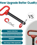 5/8 Inch Trailer Tow Hitch Pin Clip Kit With 4 R Clips, rubber coated handle, shown with safety features and comparison image
