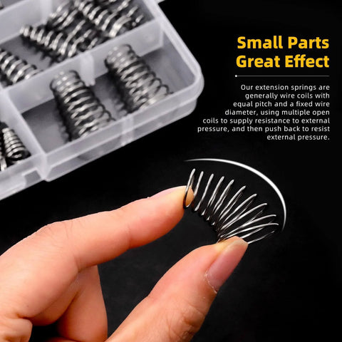 Close-up of a hand holding a spring from the 123-Piece Tower Conical Spring Set With 10 Sizes Go-To, showcasing tapered design.