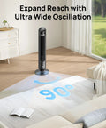 Dreo Tower Fan for Bedroom, 90° Oscillating Standing Fans for Room placed in living room, highlighting wide oscillation range