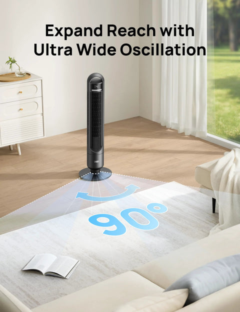 Dreo Tower Fan for Bedroom, 90° Oscillating Standing Fans for Room placed in living room, highlighting wide oscillation range