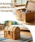Two Pack Soft Close Toy Box Hinges With 150N Gas Strut installed on wooden toy boxes with curved and flat lids in living room setup.