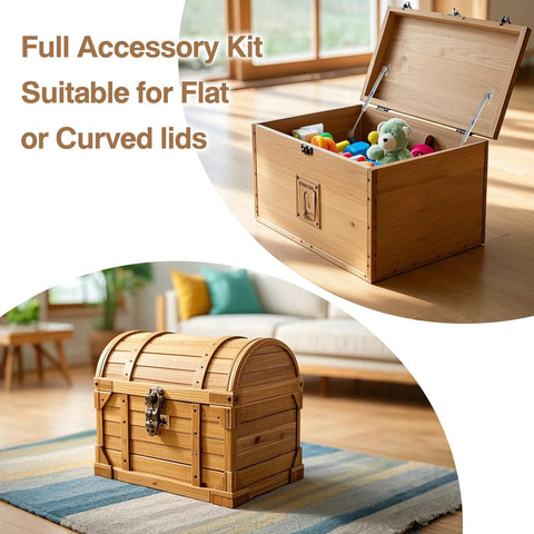 Two Pack Soft Close Toy Box Hinges With 150N Gas Strut installed on wooden toy boxes with curved and flat lids in living room setup.