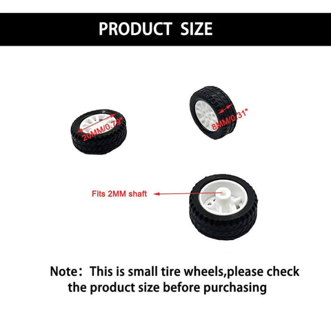Diagram showing 10pcs Toy Car Wheels 20mm Rubber Tires with 1.9mm Hole for 2mm Shaft DIY Model Accessories; dimensions marked.