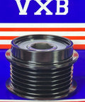 Close-up of 27415-0T070 Over Running Alternator Pulley for TOYOTA Camry Corolla on blue striped background