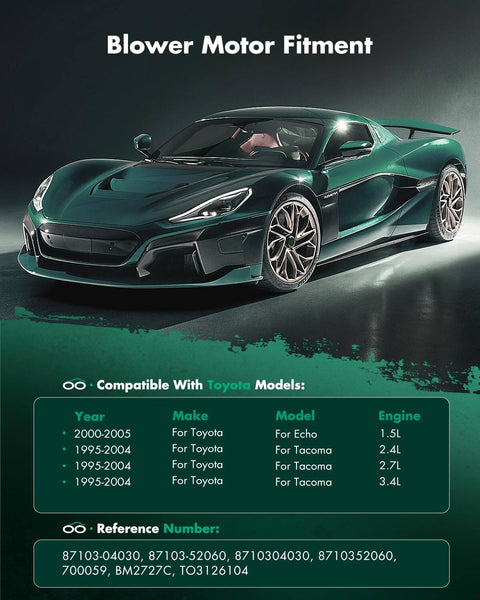 Chart showing compatibility of front HVAC blower motor with fan cage 700059 for Toyota Echo 2000-2005 and Tacoma 1995-2004.