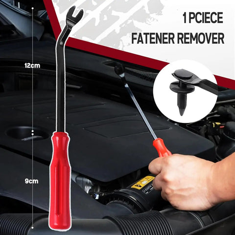 Hand holding removal tool from 120Piece Toyota Clips And Fasteners Set For Fender Liner Engine Cover And Bumper 6mm 7mm 8mm 9mm Push Rivets