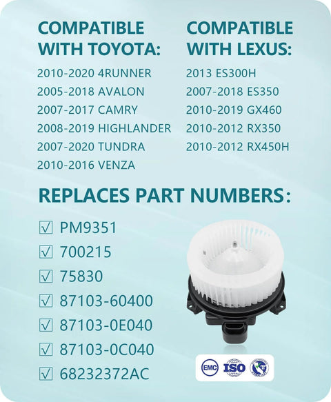 Front HVAC Blower Motor Replacement For Toyota And Lexus By Marsflex Plug And Play Fit For Camry Tundra 4Runner Highlander Venza Avalon ES350 ES300h GX460 2007 Through 2019 OE PM9351 75830 871030E040 Drop In Ready, compatible models list and part numbers displayed