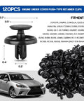 120 Piece Engine Under Cover Push Type Retainer Clips Kit for Toyota and Lexus Camry Corolla Replacement 9046707201 With Tool Direct Fit and Spare Set, with black nylon clips and Toyota vehicle image.