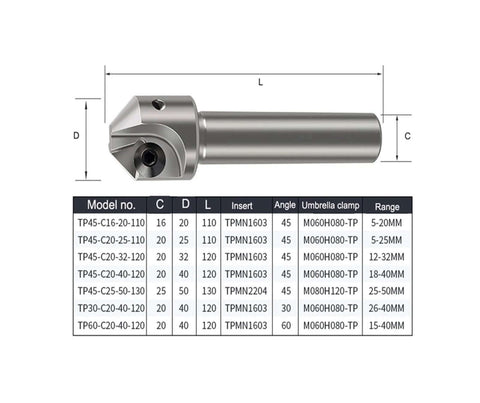 Versatile Pro Grade 30 45 60 Degree Chamfer Cutter For CNC Lathe And Milling Machines With TPMN Insert Holder, dimensions chart included.