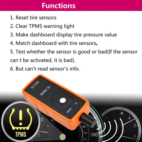 TPMS Relearn Tool For General Motors Vehicles Including Chevrolet Cadillac GMC Buick With 100 Plus Vehicle Coverage One Button Activation displayed with functions