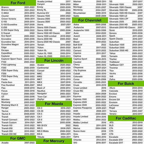 Chart listing compatible vehicles for Two-In-One TPMS Relearn Tool For GM And Ford With Model Switch Button Tire Pressure Sensor Monitor