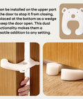 Versatile 2 in 1 door stop that acts as a wedge and pinch guard installed on wooden door, soft TPR, set of two, child safe