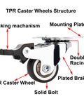 Side view of 1 Inch Low Profile Caster Wheels Set Of 4 With Two Brakes And Two Non Brake, 100 Lb Capacity, TPR Rubber, showing structure