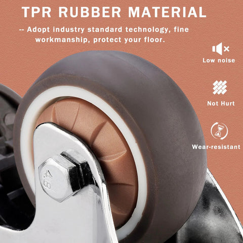 Close-up of a TPR rubber material caster wheel from Small Caster Wheels 1 Inch Low Profile 360 Degree Swivel Casters Set Of 4 For Furniture Workbench And Cart With 2 Brakes And 2 Without Brakes Noise Free Smooth Quiet Rolling With Ball Bearings Includes 16 Screws And 1 Screwdriver For Mounting.