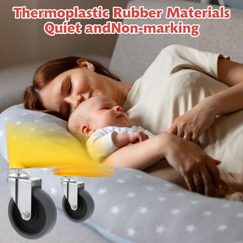 Woman and baby sleeping on pillow with 4 Inch Stem Caster Wheels Set Of 4 Heavy Duty Swivel Casters TPR shown, highlighting quiet use.