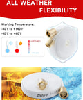 Fire Hose 2 Inch ID 25 Ft Single Jacket TPU Firefighter Hose With M And F NST NH Brass Couplings 750 PSI Burst Pressure Lightweight Designed For Firefighting Wildland And Vehicle Rescue Applications shown in rolled position with temperature rating chart.
