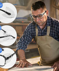 Man wearing glasses side shields for eye protection TPU shields for small to medium eyewear, depicted in three attachment steps.
