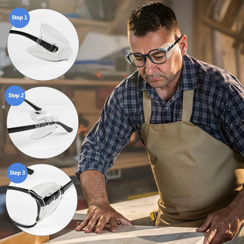 Man wearing glasses side shields for eye protection TPU shields for small to medium eyewear, depicted in three attachment steps.