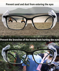 Glasses with TPU side shields for eye protection in outdoor environments, showing use in dusty and leafy settings for small to medium eyewear.