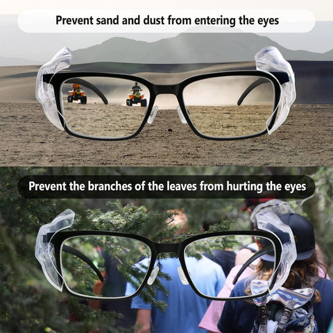 Glasses with TPU side shields for eye protection in outdoor environments, showing use in dusty and leafy settings for small to medium eyewear.